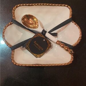 White Gold Serving Dish with Spoon Set